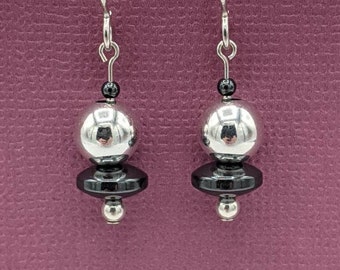 Sterling Silver Beaded Earrings, Hematite Dangle Earrings, Silver Sphere Earrings