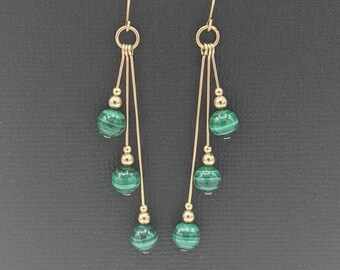 Gold-filled Malachite Earrings, Asymmetrical Dangle Earrings, Handmade Gemstone Earrings