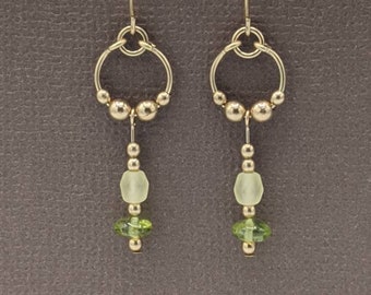 Gold-filled Peridot and Frosted Glass Earrings, Peridot Gold Earrings, Gold-filled Hoop Dangle Earrings