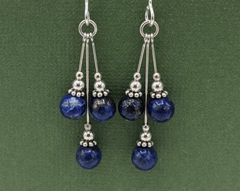 Sterling Silver Lapis Lazuli Dangle Earrings, Lapis Beaded Earrings, Sterling Silver Dangle Earrings