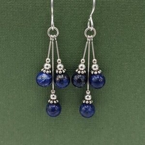 Sterling Silver Lapis Lazuli Dangle Earrings, Lapis Beaded Earrings, Sterling Silver Dangle Earrings