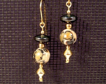 Gold-filled Leopardskin Jasper Dangle Earrings, Hematite Beads
