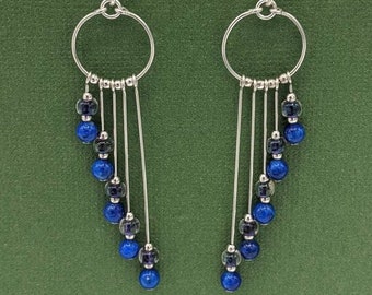 Sterling Silver Lapis Lazuli Earrings, Asymmetrical Earrings, Handmade Gemstone Dangle Hoops