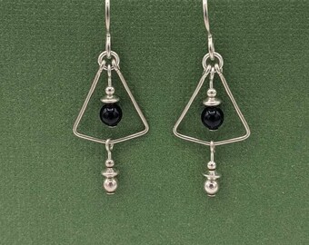 Sterling Silver Black Onyx Triangle Earrings, Lightweight Dangle Earrings