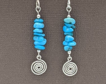 Pendientes de turquesa Sleeping Beauty, pendientes colgantes en espiral de plata de ley