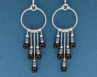 Sterling Silver Black Onyx Earrings, Hoop Dangle Earrings, Five Dangle Earrings