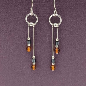 Sterling Silver Amber Earrings, Asymmetrical Dangle Earrings, Genuine Amber and Hematite Earrings