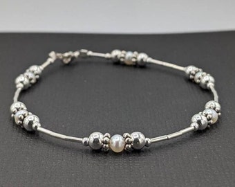 Sterling Silver Freshwater Pearl Bracelet or Anklet, June Birthstone