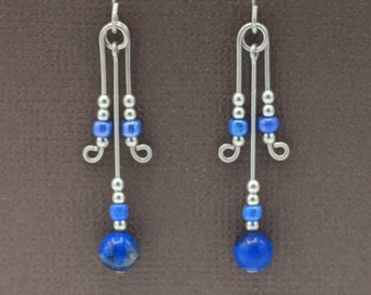 Sterling Silver Lapis Lazuli Earrings, Art Deco Earrings, Handmade Dangle Earrings
