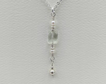 Sterling Silver Prasiolite Necklace, Green Amethyst & Pearl Pendant