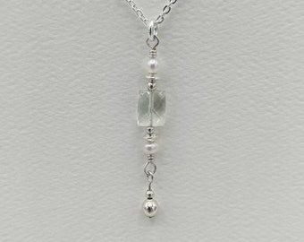 Sterling Silver Green Amethyst Necklace, Praisolite and Pearl Necklace, Gemstone Pendant and Chain