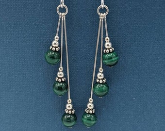 Sterling Silver Malachite Earrings, Asymmetrical Earrings, Malachite Beaded Earrings