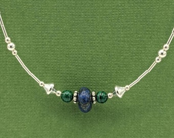 Sterling Silber Lapis Lazuli und Malachit Halskette, Sterling Silber Choker, Edelstein Perlen Schmuck