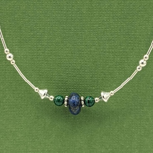 Sterling Silver Lapis Lazuli and Malachite Necklace, Sterling Silver Choker, Gemstone Beaded Jewelry