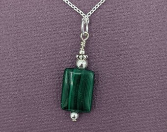 Sterling Silver Malachite Pendant, Handmade Malachite Necklace, Beaded Gemstone Jewelry