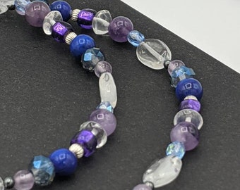 Sterling Silber Lapis Lazuli Amethyst und Kristall Halskette, Edelstein Sterling Silber Halskette, Oper Länge Perlen Halskette