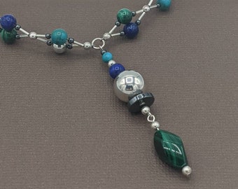 OOAK Sterling Silver Beaded Necklace, Lapis Lazuli, Malachite, Turquoise
