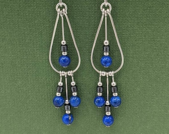 Sterling Silver Lapis Lazuli Dangle Earrings, Teardrop Beaded Design