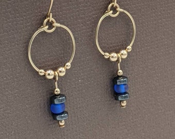 Gold-filled Blue Glass and Hematite Earrings, Blue Glass Hoop Earrings, Gold Hoop Dangle Earrings