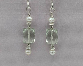 Sterling Silver Prasiolite and Pearl Dangle Earrings