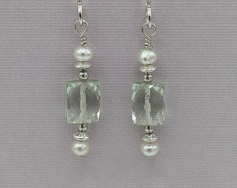 Sterling Silver Green Amethyst Earrings, Silver Gemstone Earrings, Prasiolite and Pearl Earrings