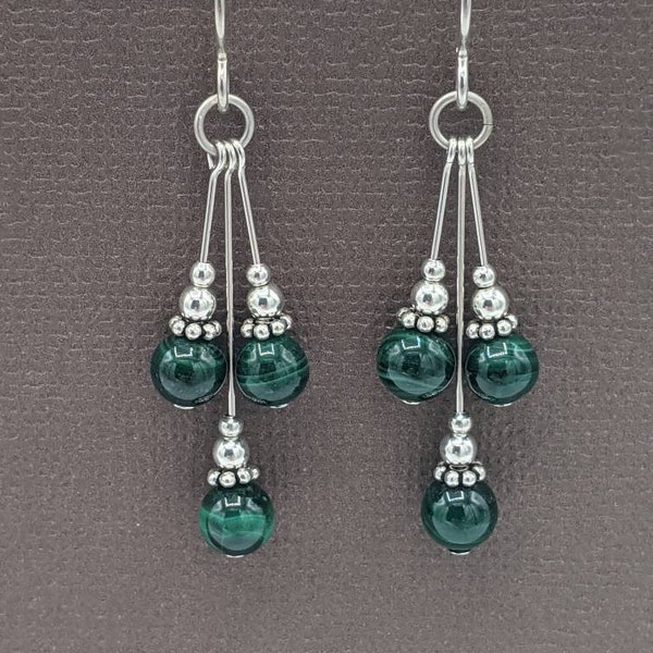 Sterling Silver Malachite Dangle Earrings, Malachite Beaded Earrings, Sterling Silver Dangle Earrings