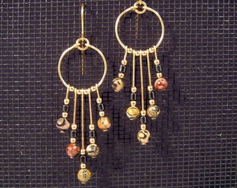 Gold-filled Leopardskin Jasper Earrings, Dressy Earth Tones, Fancy Dangle Hoop Earrings