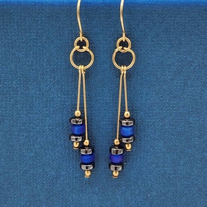 Gold-filled Glass Bead Earrings, Asymmetrical Earrings, Blue Dangle Earrings