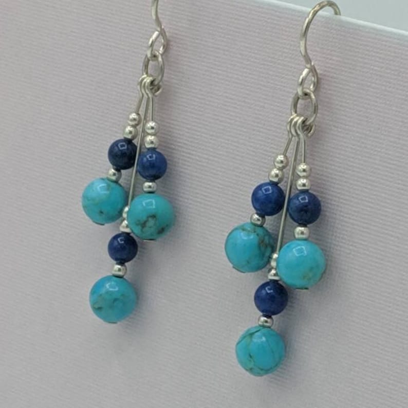 Sterling Silver Arizona Turquoise and Lapis Lazuli Earrings, Lapis and Turquoise Dangle Earrings, Handmade Gemstone Jewelry image 4
