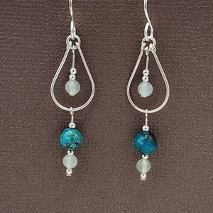 Sterling Silver Chrysocolla and Serpentine Earrings, Teardrop Dangle Earrings, Gemstone Earrings