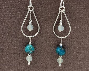 Sterling Silver Teardrop Earrings, Chrysocolla and Serpentine Dangle
