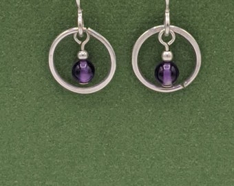 Sterling Silver Tiny Amethyst Earrings, Handmade Hoop Earrings, Small Amethyst Hoops, February Birthstone