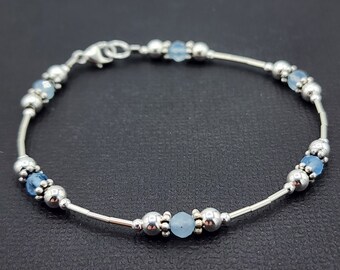 Sterling Silver Aquamarine Bracelet or Anklet, Faceted Aquamarine Beaded Jewelry, March Birthstone