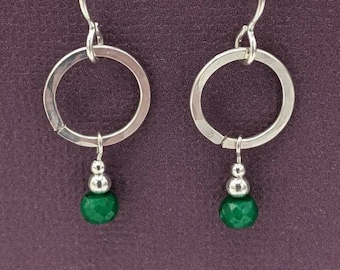 Sterling Silver Emerald Earrings, Handmade Metalwork Jewelry, Small Dangle Hoops