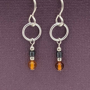 Tiny Sterling Silver Amber Earrings, Small Hoop Dangle Earrings, Genuine Amber and Hematite Jewelry