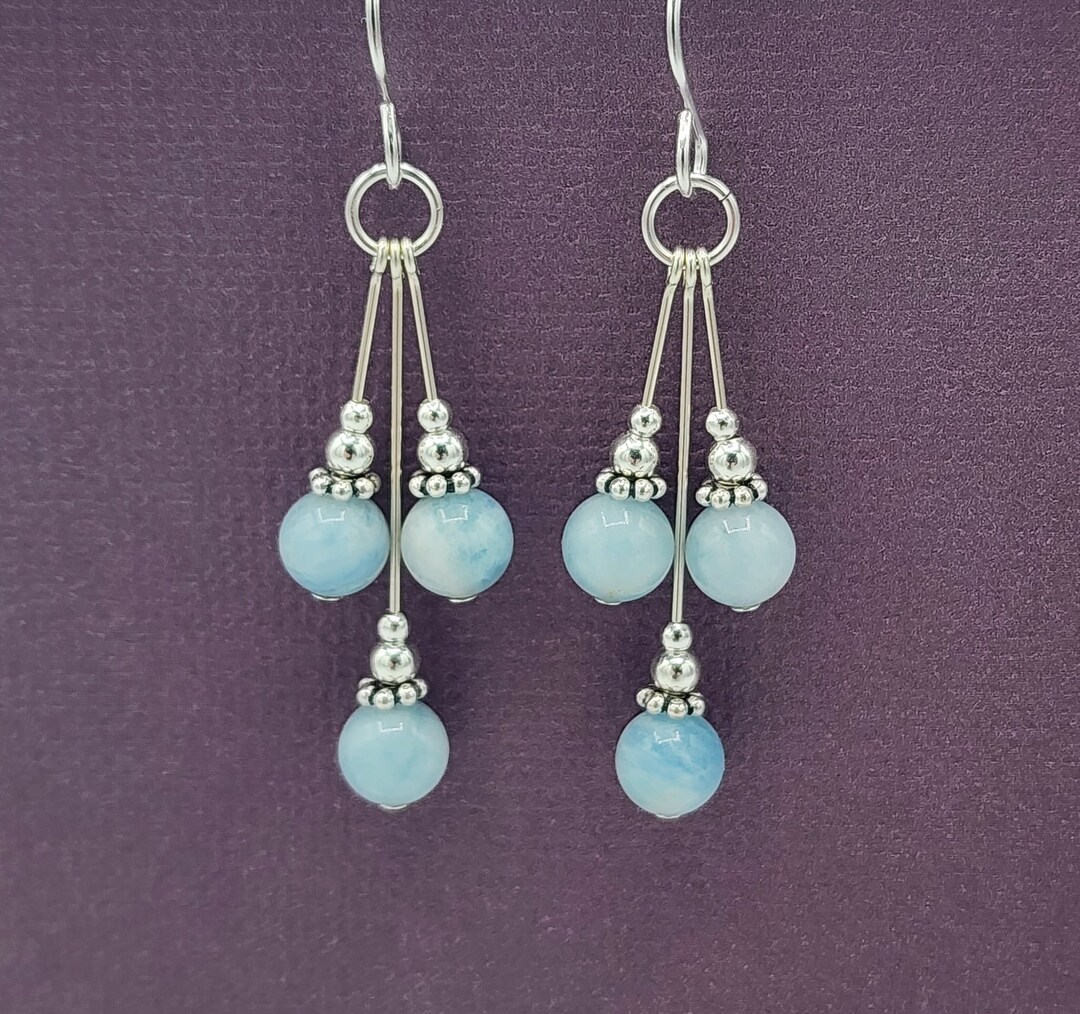 Sterling Silver Aquamarine Dangle Earrings Beaded Gemstone - Etsy