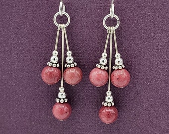 Sterling Silver Rhodonite Dangle Earrings, Rose Pink Beaded Earrings, Sterling Silver Dangle Earrings