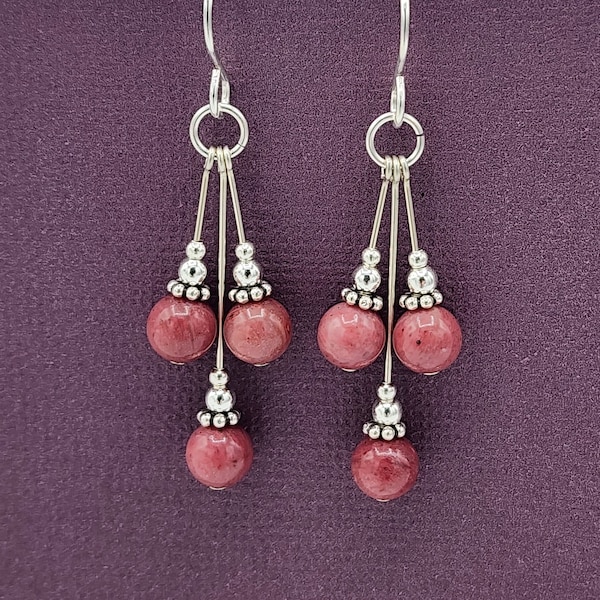 Sterling Silver Rhodonite Dangle Earrings, Rose Pink Beaded Earrings, Sterling Silver Dangle Earrings