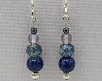 Sterling Silver Lapis Lazuli and Amethyst Earrings, Sterling Silver Dangle Earrings, Lapis Beaded Earrings