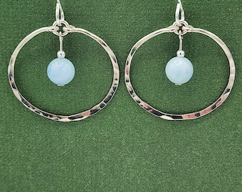 Sterling SilverAquamarine Earrings, Hammered Silver Hoops, March Birthstone