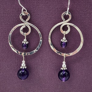 Sterling Silver Amethyst Earrings, Hammered Hoop Earrings, Handmade Gemstone Dangle Earrings, February Birthstone
