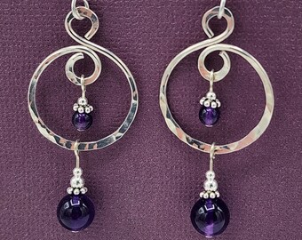 Sterling Silver Amethyst Earrings, Hammered Hoop Earrings, Handmade Gemstone Dangle Earrings, February Birthstone