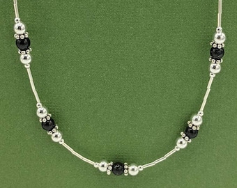 Sterling Silver Black Onyx Necklace, Black Onyx Beaded Necklace, Handmade Gemstone Necklace