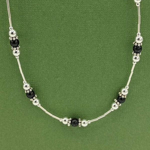 Sterling Silver Black Onyx Necklace, Black Onyx Beaded Necklace, Handmade Gemstone Necklace