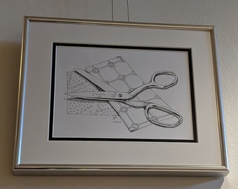 Original - Cutting in Line, Scissors and Fabric, Framed Original Pen and Ink Drawing