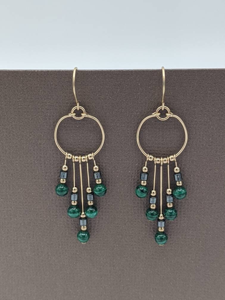 Dangle gold filled  earrings with malachite beads.