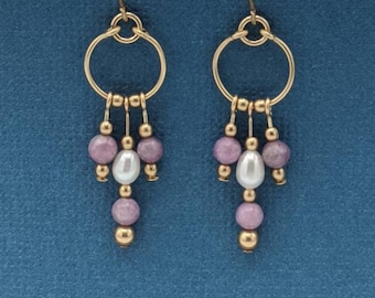 Gold-Filled Lepidolite Pearl Hoop Earrings, Handmade Dangles