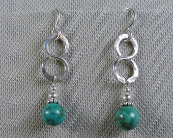 Sterling Silver Turquoise Earrings, Hammered Silver Earrings, Infinity Earrings