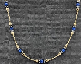 Gold Filled Lapis Lazuli Beaded Necklace, Hematite Accent