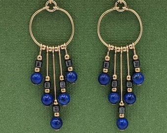 Gold-filled Lapis Lazuli Earrings, Lapis Dangle Hoops, Handmade Gemstone Earrings